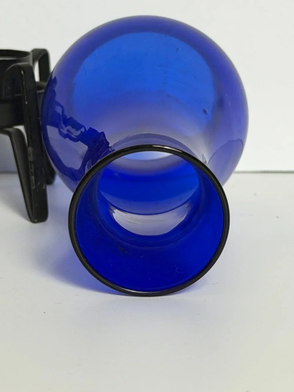 Vintage Cobalt Blue Glass Candle Holder Lantern Black Votive Metal MCM Modernist